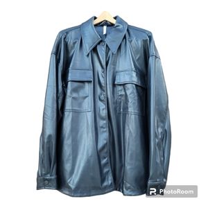 Fabletics XL womens black vegan leather lined utility jacket w snap closure